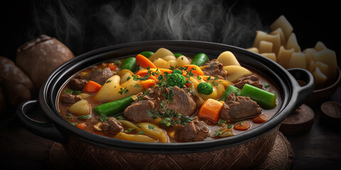Steaming hot beef stew served in a rustic iron pot, garnished with fresh herbs, ready to offer a comforting, hearty meal.