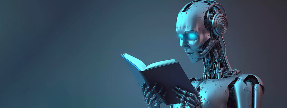 robot reading a book. Robotic cyborg pressing. Banner. Place for text. 3D rendering, blue background. Generative AI