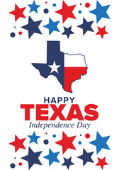 Texas Independence Day. Freedom holiday in Unites States, celebrated annual in March. Lone star flag. Texas flag. Patriotic sign and elements. Poster, card, banner and background. Vector illustration