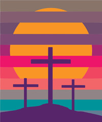 The three crosses from the crucifixion of Christ are seen in a graphic sunset vector design.
