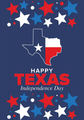 Texas Independence Day. Freedom holiday in Unites States, celebrated annual in March. Lone star flag. Texas flag. Patriotic sign and elements. Poster, card, banner and background. Vector illustration