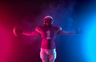 American football player banner. Template for a sports magazine on the theme of American football with copy space. Mockup for betting advertisement.