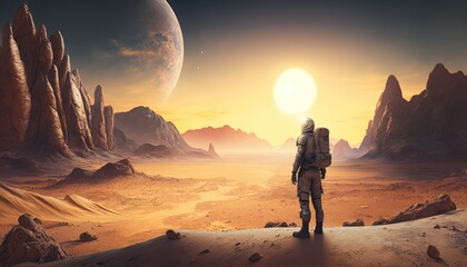 Naklejka premium Exploring the Deserted World as the Lone Astronaut, AI Generative