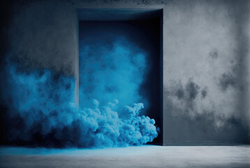 Empty blue abstract concrete room with smoke coming out of the door. Product display. Loneliness and cold concept. Generative AI.