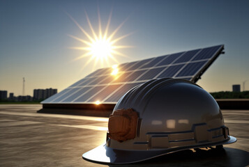 Naklejka na ściany i meble Hard hat sitting on the floor next to a solar panel wall with the sun shining on it. Safety concept. Renewable energy. Generative AI.