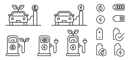 ev charging station gas power battery charge station clean energy EV Electric vehicle line icon set. Electricity car eco friendly green sign collection vector graphic design illustration	