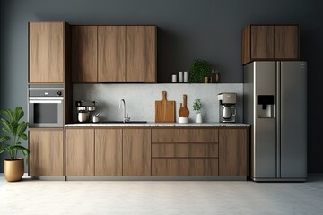 minimalist kitchen with granite top and wooden cabinet. Generative AI