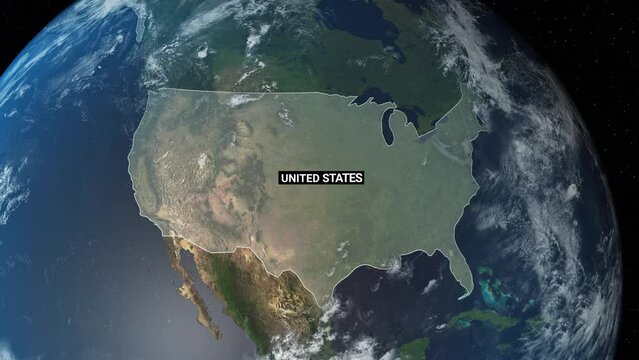 United States map, zooming in from the space through a 4K photo real animated globe, with a panoramic view consisting of Asia, Africa and Eurasia. Epic spinning world animation, Realistic planet earth