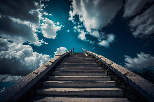 Stone stairs in blue with clouds with bright sun. Generative AI
