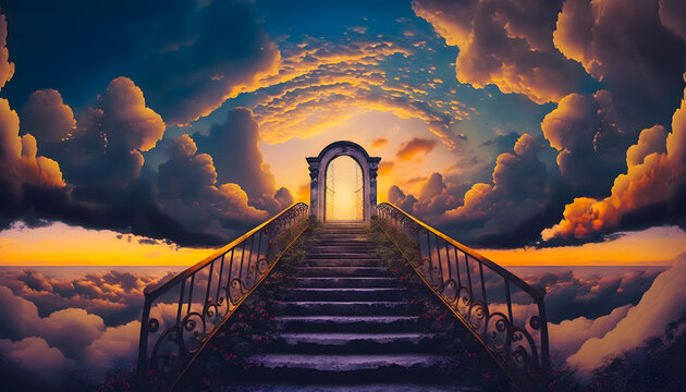 Staircase with an arch into the sunset orange sky with beautiful orange clouds. Generative AI