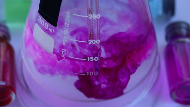 The colorful process of adding the indicator dye phenolphthalein to an alkaline solution of sodium silicate in a conical flask. The solution turns purple.
