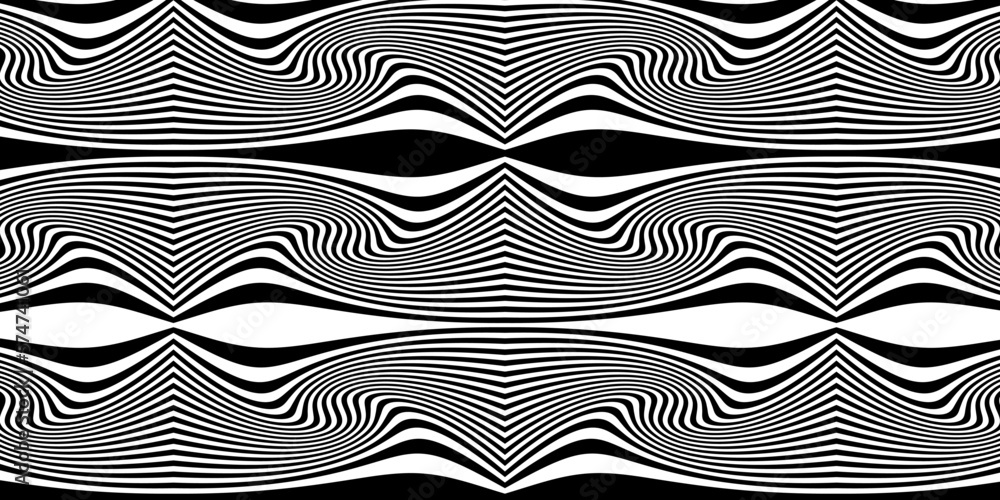 Poster abstract 3d geometrical black and white wavy line background. pattern with optical illusion. vector 