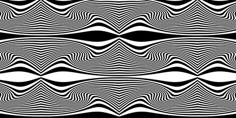 Abstract 3D geometrical black and white wavy line background. Pattern with optical illusion. Vector illustration.