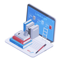 Isometric online library. E-books online bookshelf, mobile education e-learning 3d vector concept illustration