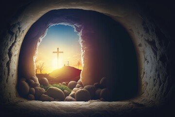 Crucifixion and Resurrection. Empty tomb of Jesus with crosses in the background. Easter or Resurrection concept. He is Risen