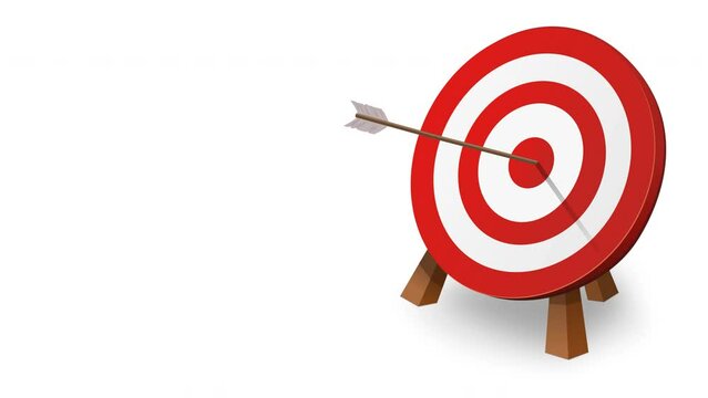 Perfect shot right in the center of the circular red and white target on a wooden tripod of an arrow on a white background