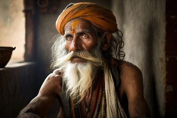 Portrait of a seated old sadhu. Generative ai - obrazy, fototapety, plakaty