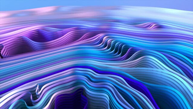 Waves of striped blue white fabric. Drapery. Living folds on the fabric move in waves. 3d animation