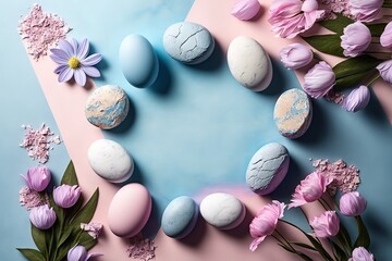Obraz na płótnie Canvas Stylish easter eggs and spring flowers border on pink paper flat lay, space for text. Modern natural dyed blue and marble easter eggs. Happy Easter. Greeting card template