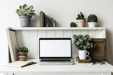 Ivy on a shelf, a desk with a laptop computer, materials, notes, and a white wall for a mock-up or copy area. Generative AI