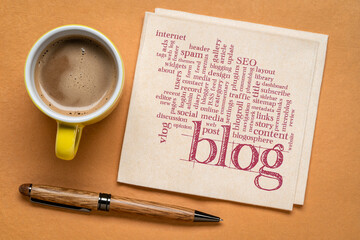 cloud of words or tags related to blogging and blog design, social media concept