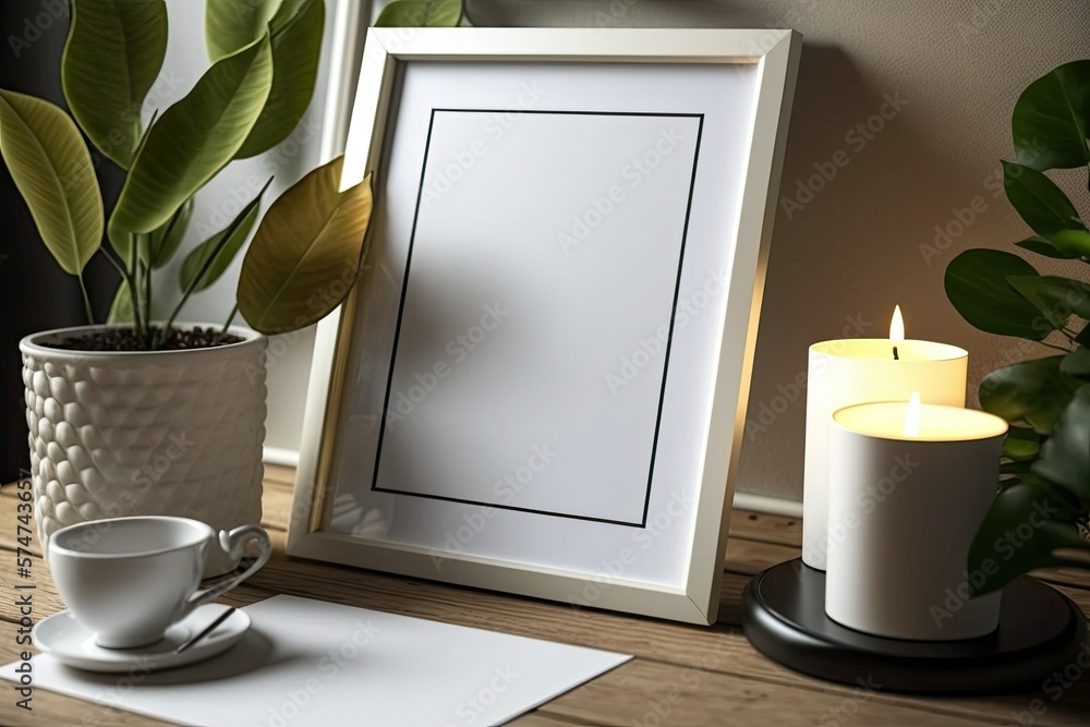Poster white frame with writing space on a table with a potted flower. tabletop zamioculcas. candles. gener