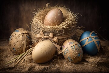 Set of Easter eggs on straw