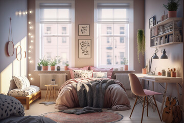 Female bedroom, cozy modern interior style, super photo realistic background, generative ai