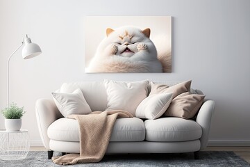Living room interior design with a munchkin cat wallart, Generative AI Digital Illustration