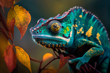 Close-up beautiful chameleon, reptile, lizard. Generative AI - obrazy, fototapety, plakaty