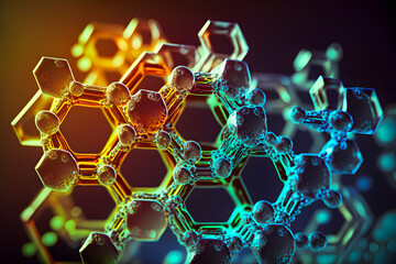 Crystal lattice of a solid, physics and chemistry. Scheme abstract visual model. Glass colorful contrast. Generative AI