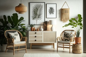 Minimalist living room interior design, Bohemian style, Generative AI Digital Illustration