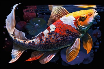 Colorful koi fish isolated on a black background, deep sea fishes, Generative AI Digital Illustration