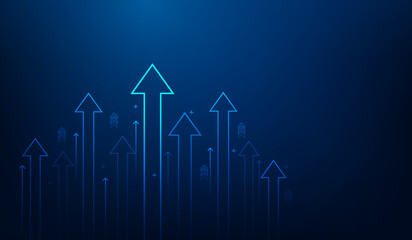 business arrow up growth line circuit technology on dark blue background. business investment to success. financial data graph strategy.market chart profit money. vector illustration hi-tech. - obrazy, fototapety, plakaty