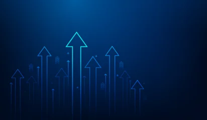 Fotobehang business arrow up growth line circuit technology on dark blue background. business investment to success. financial data graph strategy.market chart profit money. vector illustration hi-tech. © Yellow duck