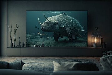Living room with a wide wall TV background, Dark theme modern interior design, Generative AI Digital Illustration