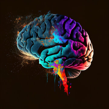 Image of human brain in colorful splashes glowing on black backgroundV. Mental health psychology anxiety depression learning concept