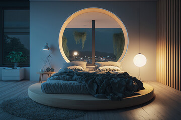Modern bedroom with round bed, minimalistic interior design. Super photo realistic background, generative ai