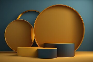 3D render of a podium scene, Dark yellow product showcase background, Glod frames, Generative AI Digital Illustration