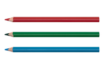 3 Buntstifte in den Farben rot, grün und blau freigestellt mit transparentem Hintergrund,...