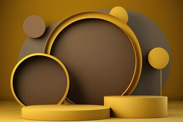 3D render of a podium scene, Dark yellow product showcase background, Glod frames, Generative AI Digital Illustration