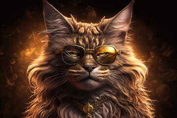 Mainecoon cat businessman character with gold sunglasses and chains, Generative AI Digital Illustration