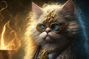 Ragdoll cat as a business man character, Gold sunglasses and neck chains, Generative AI Digital Illustration