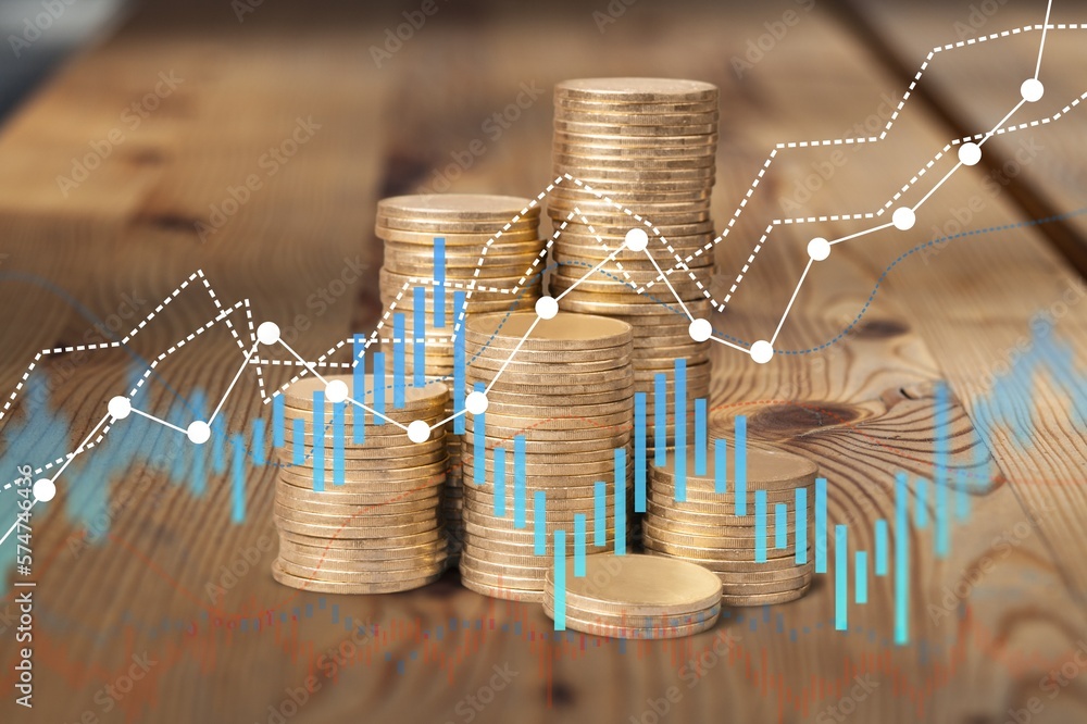 Poster stack of coins with graph or chart on the desk
