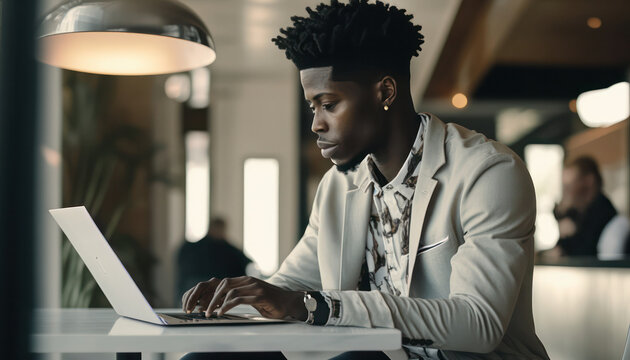 Young Cute And Stylish Black Man Sits In A Café And Bakes On A Laptop.  Generative AI