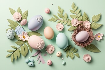 Pastel color spring easter background with paintig decorative eggs