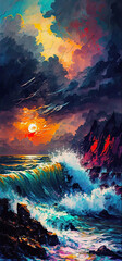 Fototapeta na wymiar generative ai illustration, neoimpressionism painting of waves in a dark moody sunset