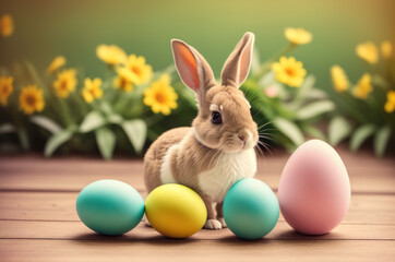Fototapeta na wymiar cute Easter rabbit or bunny with eggs in spring garden, generative ai illustration