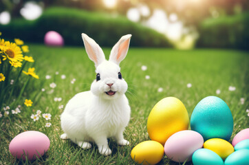 happy Easter bunny with eggs on grass in spring garden, generative ai illustration