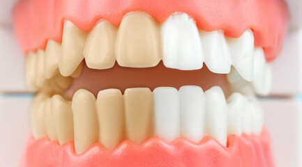 Clean and dirty tooth before and after whitening. Dentistry conceptual photo. Close-up individual tooth tray Orthodontic dental theme.